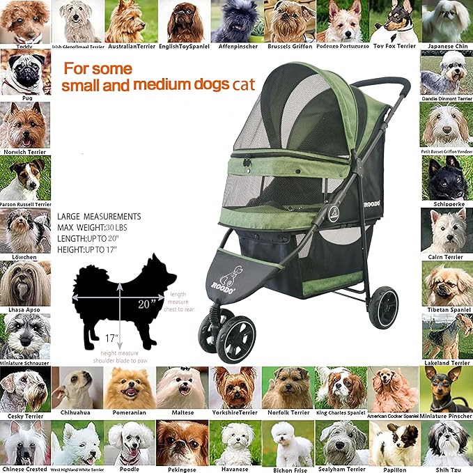ROODO 3 Wheel Pet Stroller Best Lightweight Foldable Compact Portable Jogger All Terrain Travel Pet Gear Puppy Kitty Stroller for up to 30lbs Medium Small Dogs and Cats(Green)