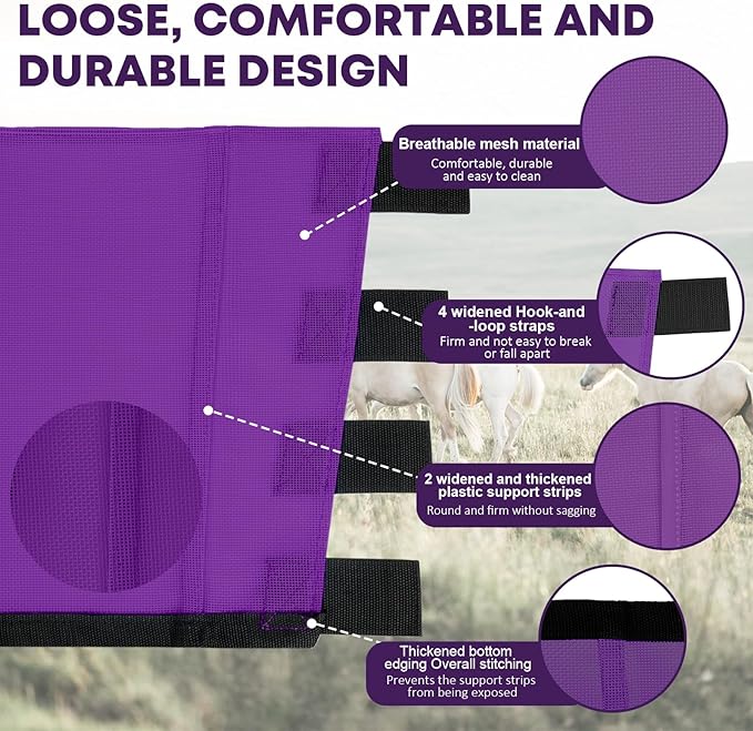 Premium 4-Pack Horse Fly Boots & Leggings Loose-Fit Fine Mesh with Stay-On Fasteners, Support Strips & Anti-Stomp Design Breathable Non-Slip Protection Leg Wrap (Large) Lavender Purple
