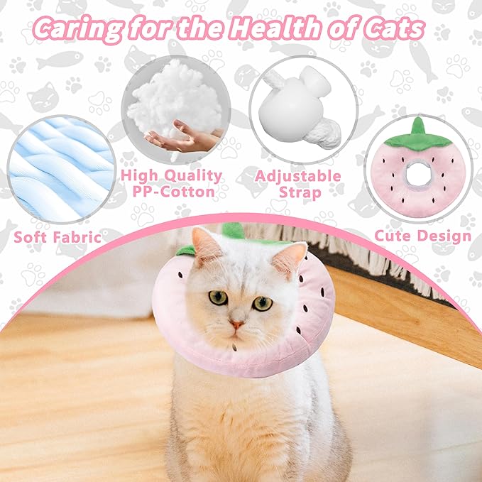 Soft Cat Cone Collar, Cute Cat Recovery Collar Suitable for Small, Medium, Large Cats,Elizabethan Neck Collar for Cats After Surgery (Strawberry, Small)