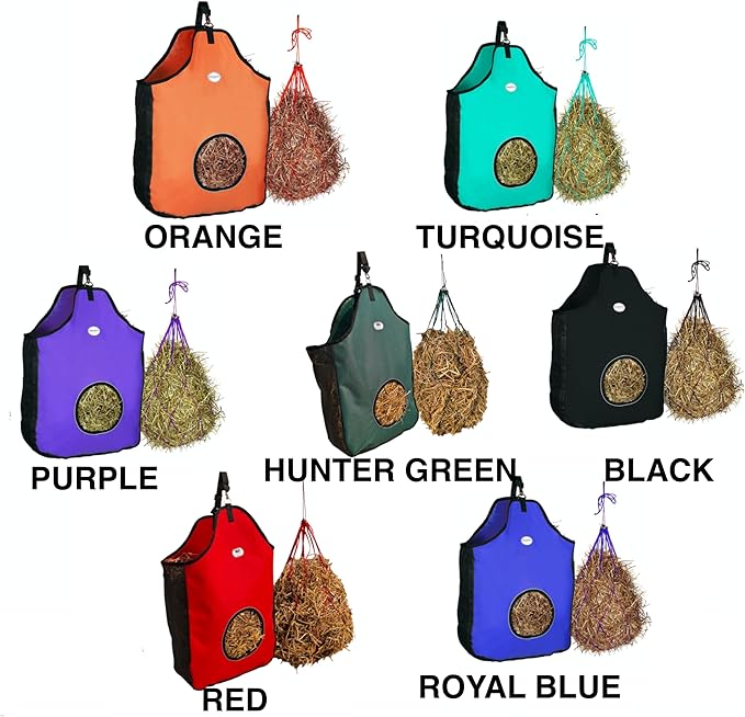 Majestic Ally 1200 D Hay Feeder Tote Bag for Horses, Sheep with Reflective Trim- Reduces Waste - Comes with 36” Hay Net (Purple)