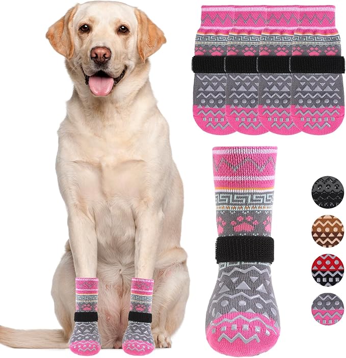KOOLTAIL Dog Socks to Prevent Licking Paws for Hardwood Floors Anti Slip, Winter Warm Pet Boots&Paw Protector with Grippers, Double Sides Dog Shoes Booties for Small Medium Large Senior Dogs Pink S