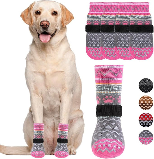 KOOLTAIL Dog Socks to Prevent Licking Paws for Hardwood Floors Anti Slip, Winter Warm Pet Boots&Paw Protector with Grippers, Double Sides Dog Shoes Booties for Small Medium Large Senior Dogs Pink L
