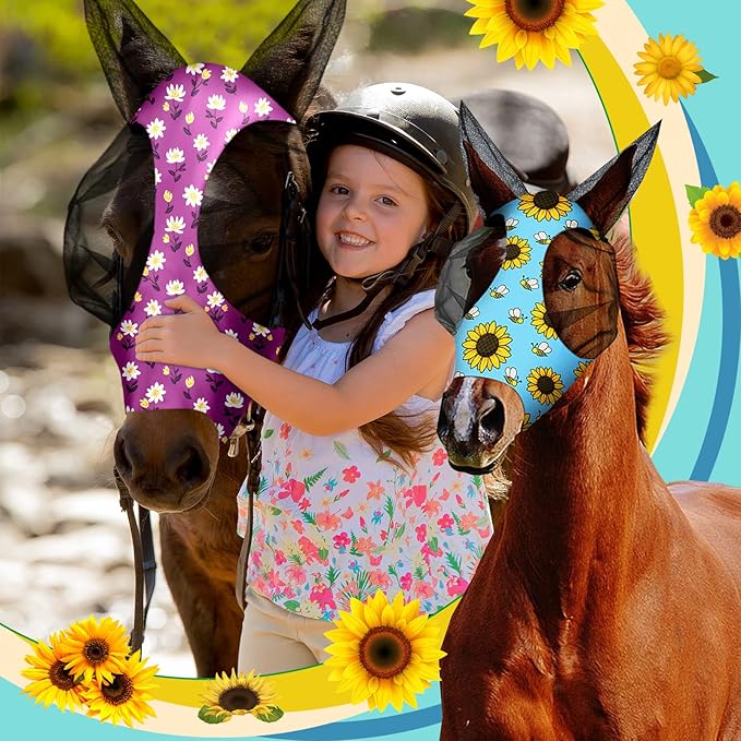 Qualirey12 Pieces Horse Fly Mask Bulk Comfortable Elasticity Mask for Horses with Ears Net UV Protection Breathable Horse Supplies Face Covering for Horse Pony and Foal (Flower Patterns, Medium)