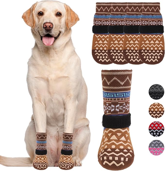 KOOLTAIL Dog Socks to Prevent Licking Paws for Hardwood Floors Anti Slip, Winter Warm Pet Boots&Paw Protector with Grippers, Double Sides Dog Shoes Booties for Small Medium Large Senior Dogs Khaki M