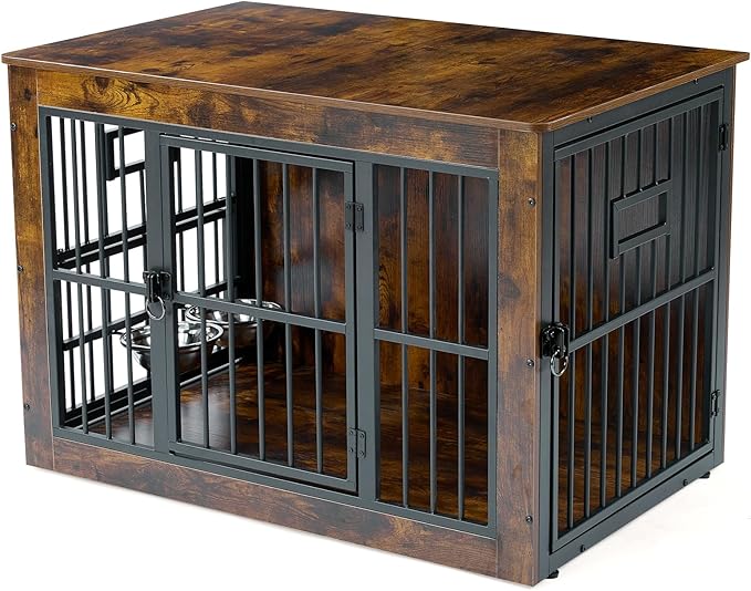 Gardner Pet Dog Crate Furniture for Medium Dogs, 38.8 Inch Dog Kennel Indoor, Wooden Dog Cage End Table with 2 Removable Bowls, Heavy Duty Dog Crate, Rustic Brown
