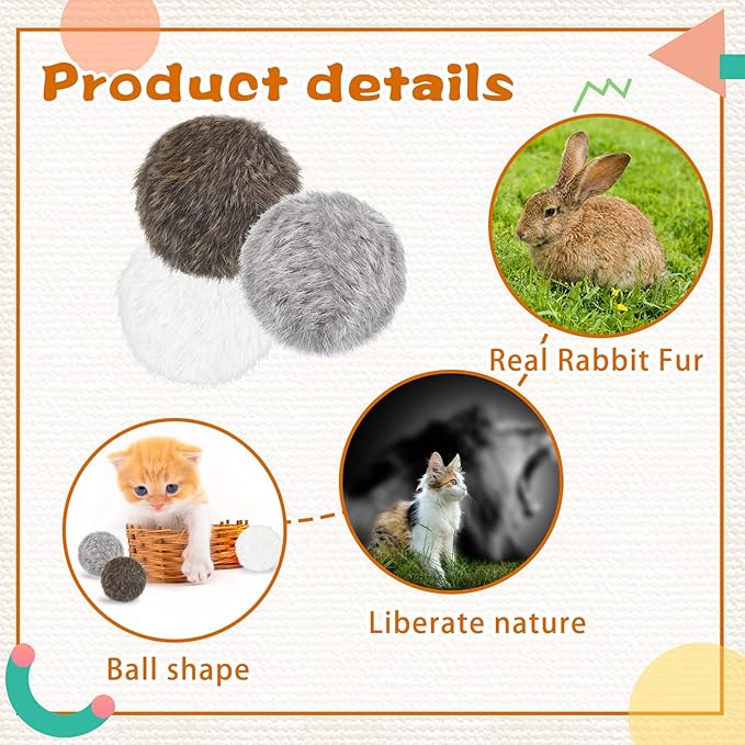 LEIFIDE 12 Pieces Real Rabbit Fur Pom Pom Kitty Cat Toy Fluffy Cat Balls Soft Fuzzy Balls for Kitty Pets Kitten Chase Quiet Play, 3 Inches in Diameter(Gray, Coffee, White)