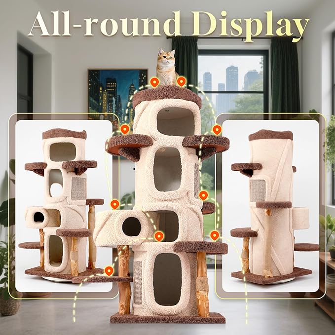 69.69'' Modern Cat Tree for Indoor Cats Large Adult, Luxury Cat Tower with Scratching Post, Multi Level Spacious Condo, Heavy Duty Kitty House, Sturdy Cat Activity Center for Large Cat
