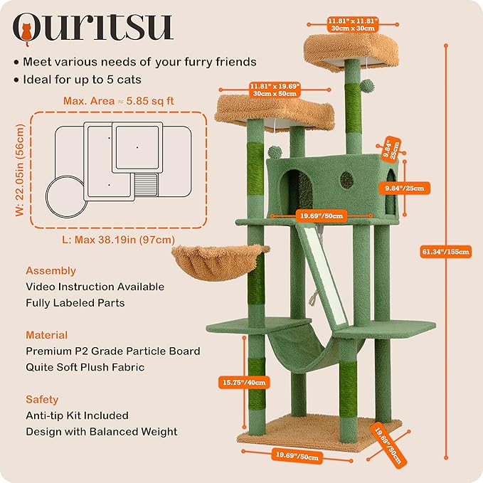 Ouritsu Cat Tree, 61 inch Tall Cat Tower for Large Cat Indoor, Enlarged Condo, 2 Padded Perches with 1 Widened, Large Hammock, Scratching Post and ramp, Fluffy Basket, Green, LF002GB