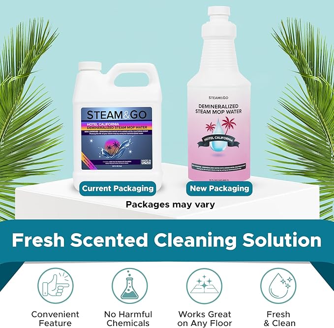 Steam & Go Deminerilized Water - Multi-Surface Cleaner for Steam Cleaners, Hardwood Floors, Kitchens, & Bathrooms - Germ-Killing Formula - Hotel California Scent - 32 Ounces (Pack of 18)