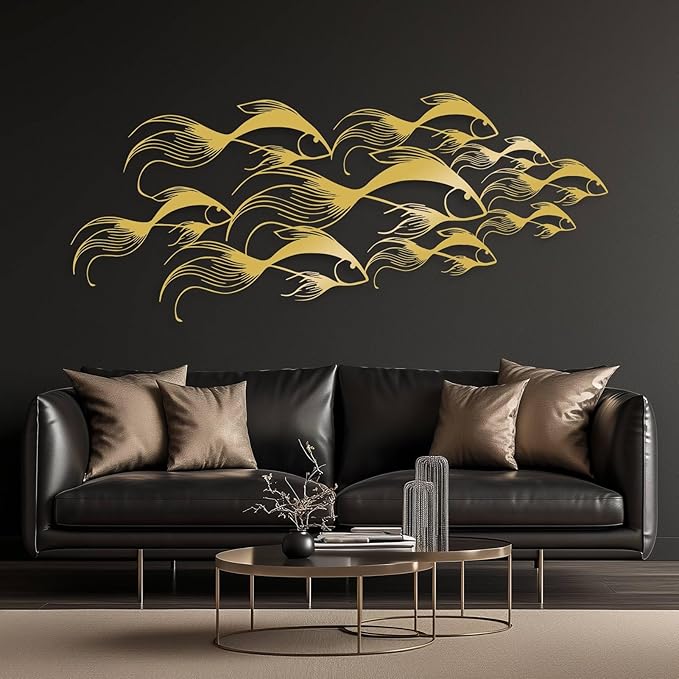 School of Fish Metal Wall Art, Metal Fish Wall Decor, Sea Life Wall Art, Large Nautical Wall Hanging, Modern Beach House Wall Decor, Ocean Themed Artwork for Bathroom (White, 24"x10" | 60x25cm)