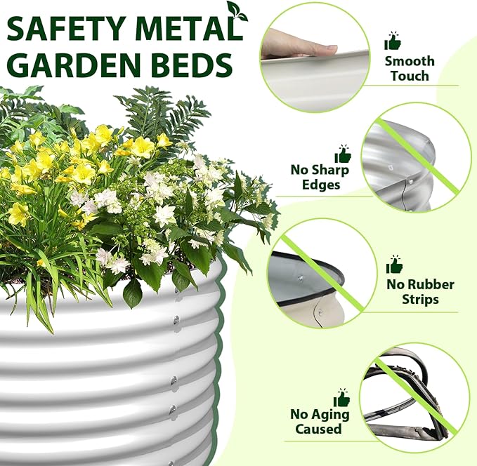 A ANLEOLIFE 8x4x2ft Galvanized Raised Garden Bed Kit, Oval Metal Deep Root Planters for Outdoor Plants Vegetables Flowers Herb, Large Bottomless, 478 Gallon Capacity- Antique White