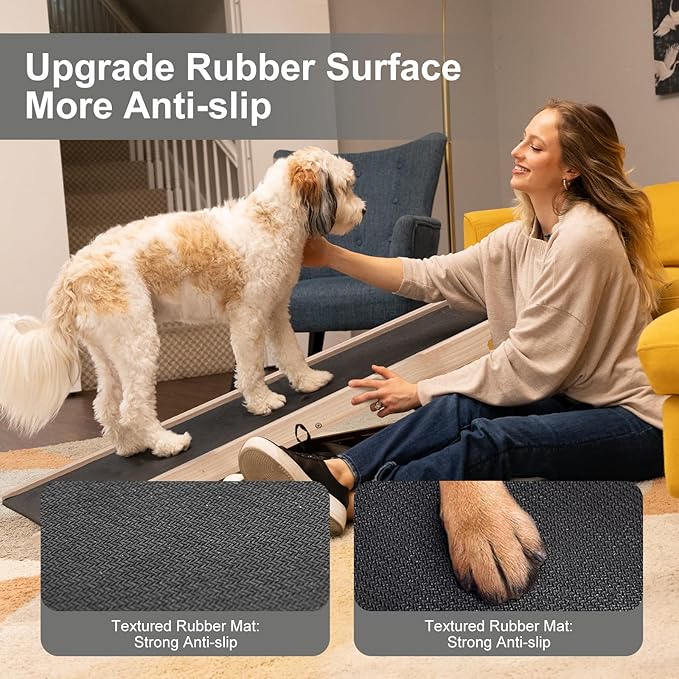 ABORON Antislip Wooden Dog Ramp for High Bed Couch Car, 5-Level Adjustable Folding Pet Ramp for Small & Large Old Dogs & Cats, 17.7" Extra Wide 51" Long, Rubber Mat, Supports up to 200 lbs