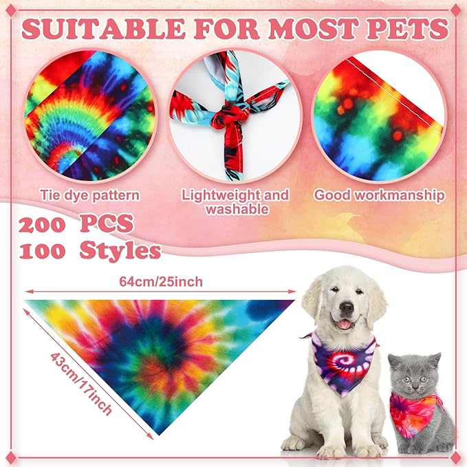 100 Pcs Tie Dye Dog Bandanas Bulk Pet Bibs Colorful Triangle Scarf Pet Bandanas for Medium Large Dogs Holiday Summer Hawaiian Birthday Costume Decor