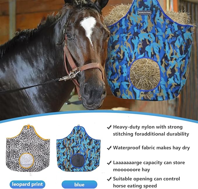 Horse Hay Bag Durable Oxford Fabric, Large Capacity Feeding Bag with Metal Snap Fastener, Slow Feeding Hay Sack, Ideal for Horse Cow Goats Donkey Perfect Hay Feeder with Open Feed Hole (Camouflage)