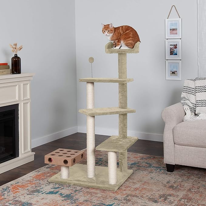 Furhaven 49.5" Tall Cat Tree for Indoor Cats, Ft. Sisal Scratching Posts, Plush Ball Toy, & Busy Box Toy - Tiger Tough Play Stairs Interactive Playground Tower - Cream, One Size