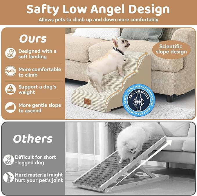 Dog Ramp and Stair for Bed 16" H-20 H,3-Step Cat Stair for Sofa and Chair,4-Step Dog Ramp for High Bed and Window,Durable Nonslip Fabric Cover for Indoor (Beige-16 H, Pet Friendly, 3)