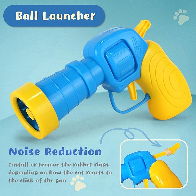 Low Noise Interactive Cat Ball Launcher Gun, 1 Noise-Reduced Launcher (New Upgraded), 20 Pcs Colorful Silent Plush Pom Pom Balls (1.2 inches), with 4 Pcs Cat Spring Toy