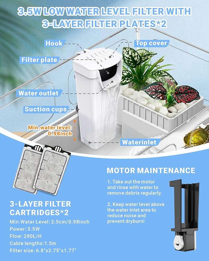 Small Turtle Tank with Filter, Acrylic Turtle Tank Starter Kit, Reptile Habitat and Terrarium with Multi-Functional Areas for Tortoise,Crab,Crayfish,Small Reptile. (Tank+Filter)