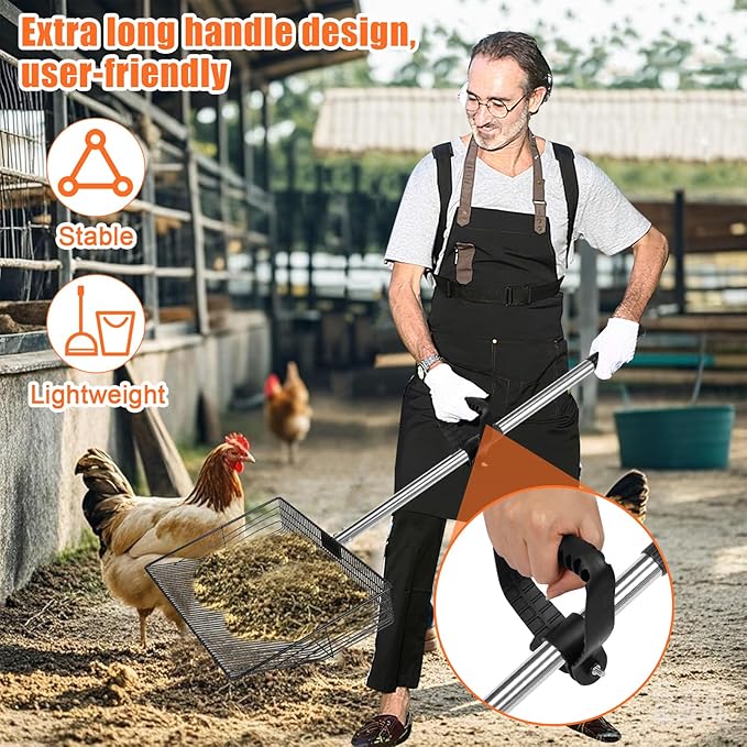 15 inch Large Chicken Poop Scooper with Ergonomic Grip, 6 in 1 Detachable Chicken Scooper for Poop Shovel (20 to 79"), Stainless Steel Sifting Shovel for Chicken Coop/Goat Stall/Stable Cleaning Tool