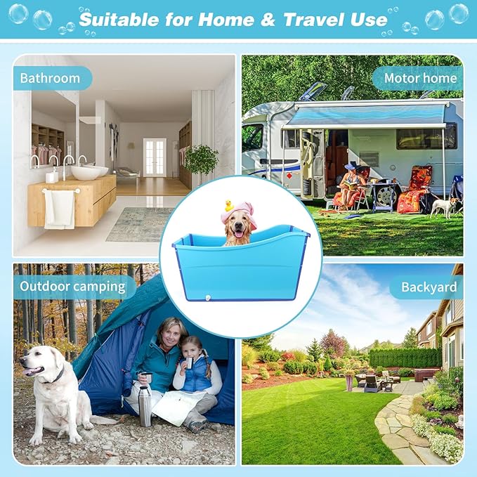 YUEPET Extra Large Foldable Dog Bath Tub for Large Dogs, 49 Gal Portable Dog Bathtub Lightweight Hightened Pet Wash Station with Drain Plug for Big Dogs Indoor/Outdoor Bathing, Camping (Blue)