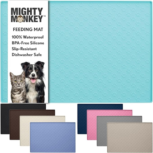 MIGHTY MONKEY 100% Waterproof Dog Food Mat, Raised Edges Silicone Pet Feeding Placemat for Cat, Dogs, Pet Bowls, High Lipped Tray Prevents Water Spills, Food on Floor, Dishwasher Safe, 24x16 Turquoise