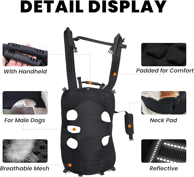 Dog Lift Harness Backpack Carrier for Large Dogs, Full Body Sling with Handle, Dog Harness for Joint Injuries, Arthritis, Ideal for Stairs, Elderly Dogs (Black XX-Large 50-66 LBS)