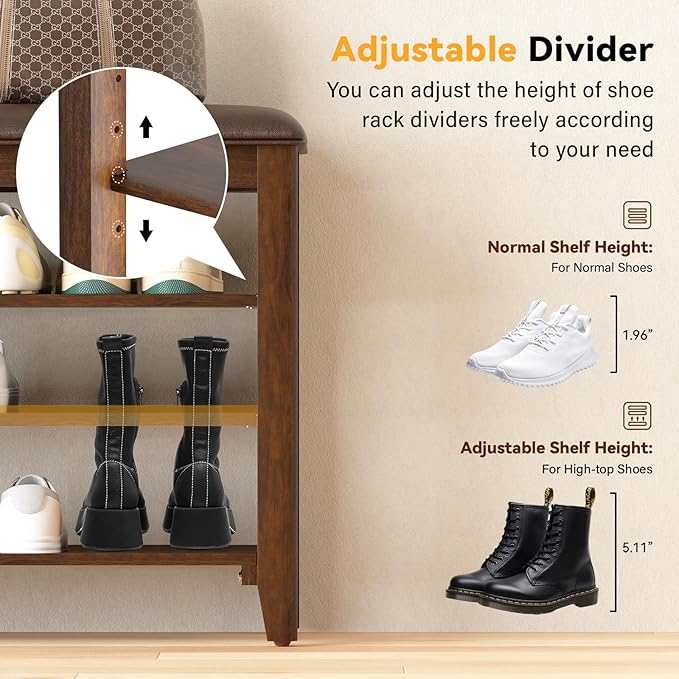 Entryway Shoe Storage Bench with Leather Cushion, Shoe Organizer Bench for Entryway, Ideal for Hallways Front Doors Entrances Mudrooms Featuring Rubberwood And 3 Height-Adjustable and Removable Shelve