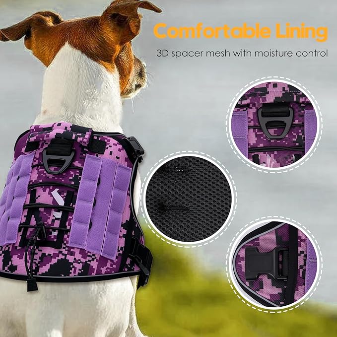 Heavy-Duty Tactical Dog Harness for Large Dogs, No Pull Adjustable Reflective Pet Vest with Molle System, K9 Military-Grade Control for Service Training, Outdoor & 10+ Breeds, Purple Camo, Large