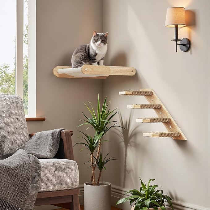 HOOBRO Wood Cat Wall Shelf, Cat Hammock and Wall-Mounted Bed Furniture with Soft Fabric, 18.9" L x 13.8" W, Easy to Install, Holds up to 40 lb, for Lounging, Playing, Sleeping, Natural NL03CS03N1