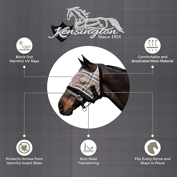 Kensington Fly Mask with Fleece Trim for Horses — Protects Face and Eyes Helps Block Sun Rays While Allowing Full Visibility — Breathable and Non Heat Transferring