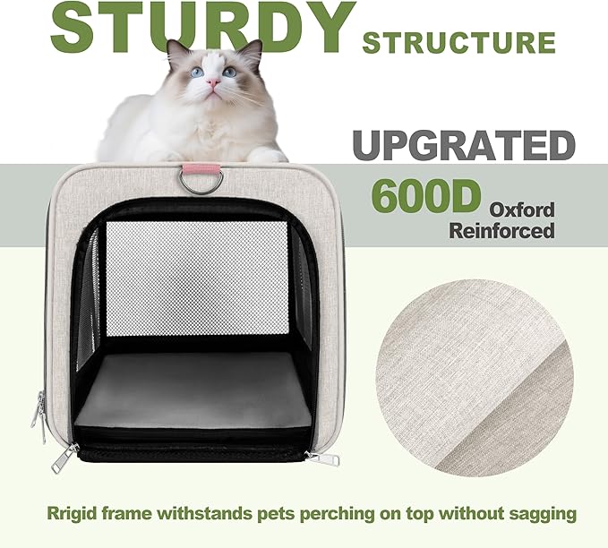 Cat Carrier American Airline Approved 18x11x11, Top Opening Sturdy Soft Pet Carrying Bag See Through, Mini Dog Hard Bottom Crate Kennel Case, 4-Side-Ventilation Mesh Cage Toy Poodle Biege