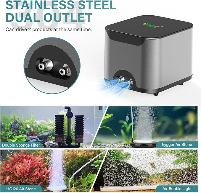 hygger Aquarium Air Pump 10W 285GPH Ultra Quiet Powerful Fish Tank Air Pump with Adjustable Knob Dual Outlets Air Stone Fish Tank Bubbler Aerator for Up to 600 Gallon Tank