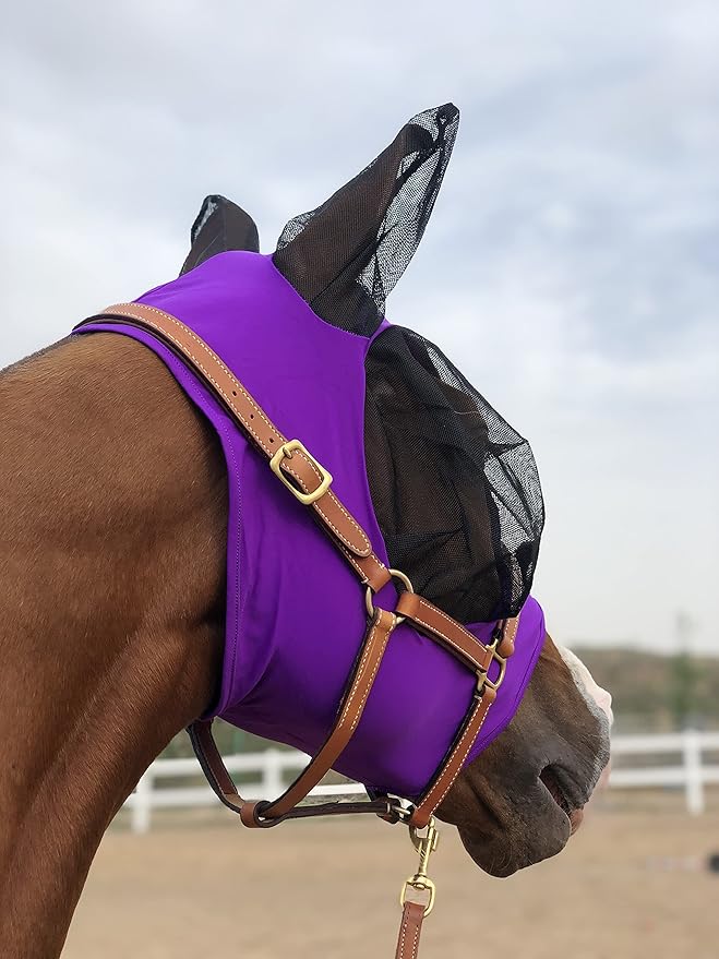Horse Fly Mask Super Comfort Horse Fly Mask Elasticity Fly Mask with Ears We Only Make Products That Horses Like… (Dk Purple, M)