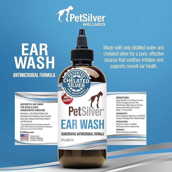 PetSilver Ear Cleaner for Dogs & Cats – Gentle Otic Rinse with Chelated Silver Formula – Supports Clear, Comfortable Ears – Easy to Use – Thoughtfully Made in The USA with Care – 8 fl oz