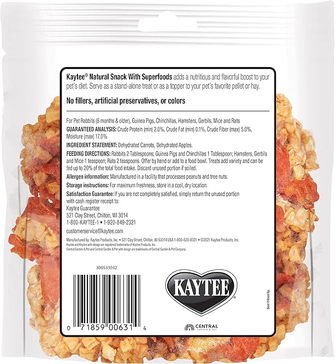 Kaytee Natural Snack with Superfoods For Pet Guinea Pigs, Rabbits, Hamsters, and Other Small Animals, Apple & Carrot, 2.5 Ounces
