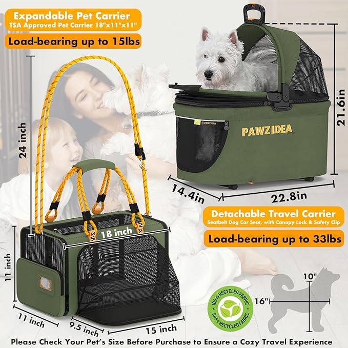 PAWZIDEA Double Pet Stroller with 2 Detachable Carriers, Portable Dog Crate for Car Travel & TSA-Approved Expandable Cat Carrier, Foldable Lightweight Jogger Stroller for 2–4 Cats or Small/Medium Dogs
