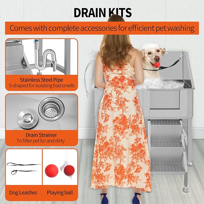 Dog Washing Station 38'' Stainless Steel Pet Grooming Tub for Large Dogs Over-Size Professional Dog Grooming Bathtub Station Wash Shower Sink Pet Grooming Bathtub Station,Right Door