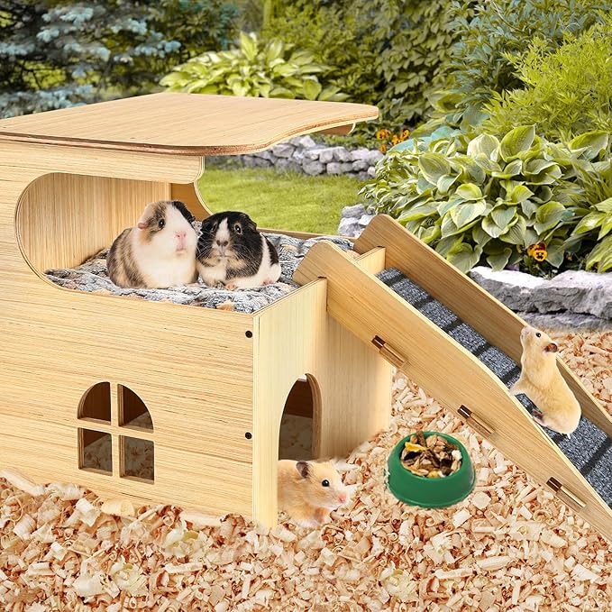 Wooden Guinea Pig Castle Hideout,Enlarged Guinea Pig Castle,Wooden Hamster House with Stairs & Mat,Long-Lasting Small Pet Bed for Piggies Chinchilla Rat Hamster Bunny