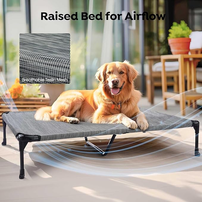 Veehoo Cooling Elevated Dog Bed Add Removable Waterproof Bolster Cushion Mat, Raised Pet Cot with Breathable Teslin Mesh, No-Slip Feet, Dog Sofa Bed for Indoor Outdoor, XLarge, Black Silver