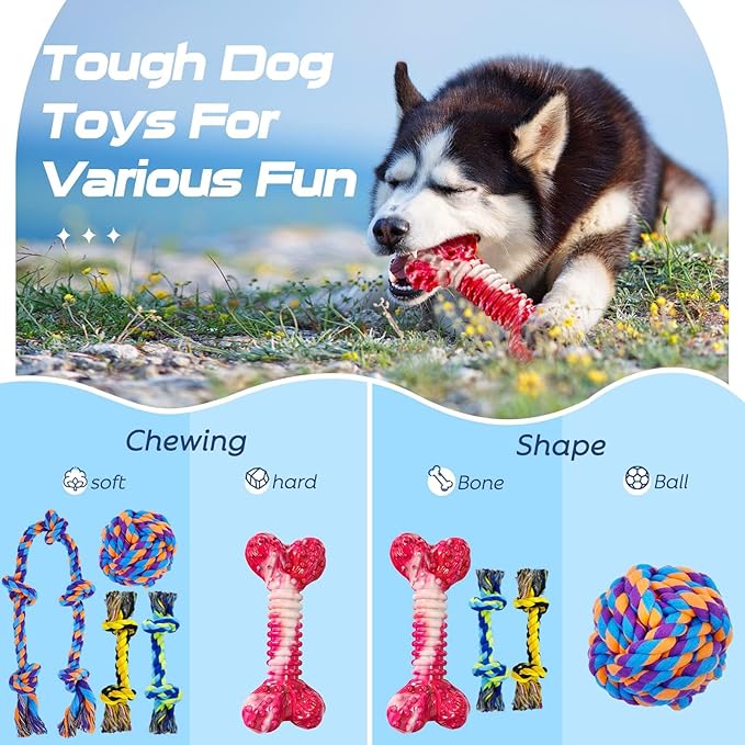 SHARLOVY Dog Chew Toys for Aggressive Chewers, 5 Pack Indestructible Dog Toys for Large Breed, Cotton Rope Toys, Tough Bone Chew for Aggressive Chewers Large Breed