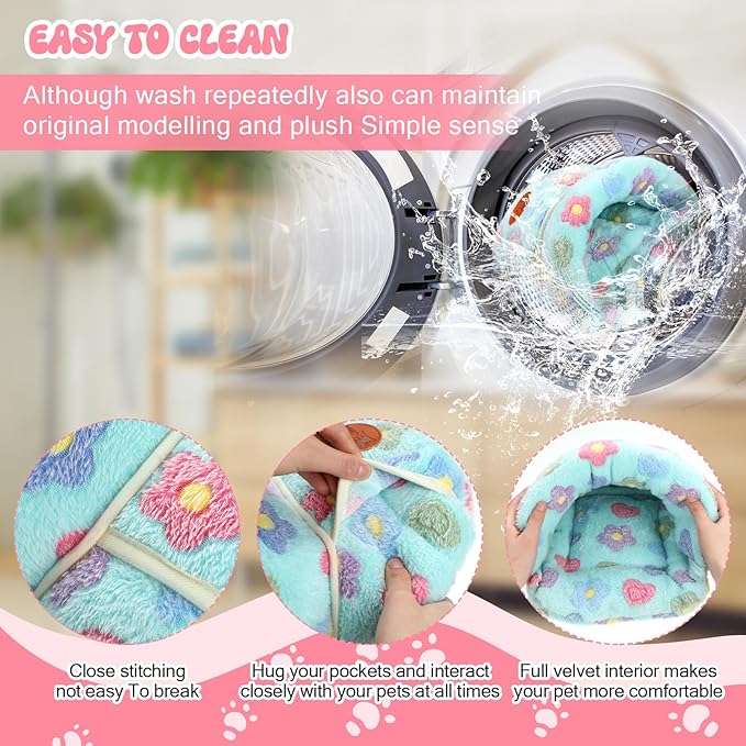 Wenqik 2 Pcs Guinea Pig Bed Cuddle Warm Hideout Small Animal Sack Cozy House Bedding Sleeping Cushion Portable Pet Carrier Cage Nest for Rabbit Hamster Rat (Green, Pink,Flowers)