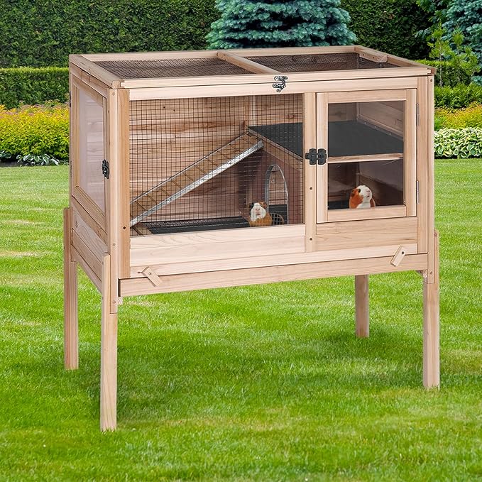 GUTINNEEN Indoor Guinea Pig Cages - Wooden Rabbit Cage Bunny Hutch with Chew-Proof Ramp, Pull-Out Tray, Leakproof PVC Layer & Detachable Legs for Rabbits, Guinea Pigs (Natural Wood)