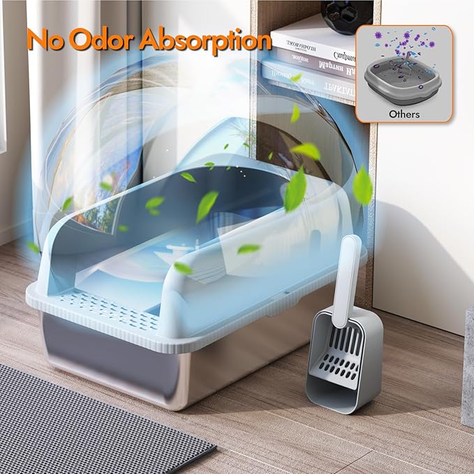 Stainless Steel Cat Litter Box with Lid, 20" L x 14.2" W x11.8 H, Large Cat Litter Box for Multiple Cats with High Sided, No-Leak & Stick, Easy to Clean, Includes Litter Mat & Multi Functional Scoop