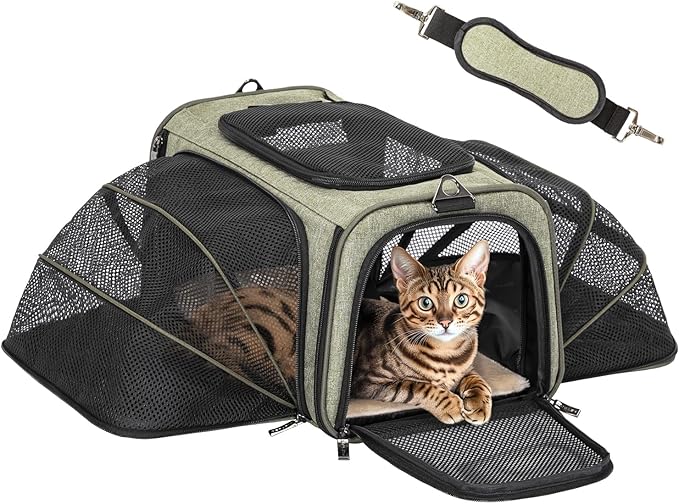 Petsfit Expandable Rabbit Carrier Cat Carriers, 16 Inch Airline Approved Pet Carrier with 2 Extensions, Soft Washable Cushion, Self-Locking Zipper Head, Built-in Safety Rope, Fit for Travel
