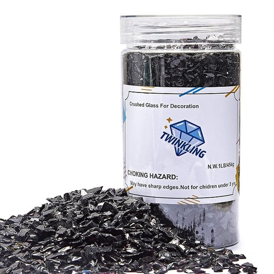 TWINKLING High Luster Fire Glass Gravel Stone Glitter,Broken Glass,Fire Gems Chips,Crushed Glass for Fire Pit Crafts Resin Art Aquarium Garden Decoration,3-6mm,1-Pound Jar (Black)