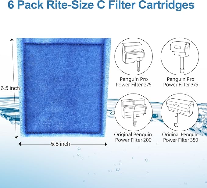 6 Pack Fish Tank Filter Cartridge, Rite-Size C filter cartridges Compatible with Marineland Penguin PRO Power Filters 275/375 & Original Penguin Power Filters 200/350 and AQUA-Tech 20-40 & 30-60