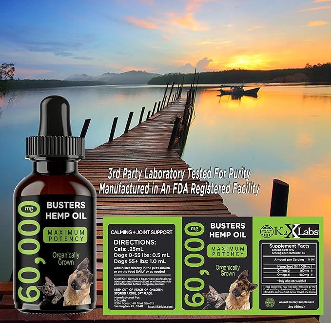 Buster's Organic Hemp Oil Large 60 Milliliters 2Pack 4Month Supply for Dogs Cats Max Potency Made in USA Omega Rich 3 6 and 9 Hip and Joint Health, Natural Relief, Calming