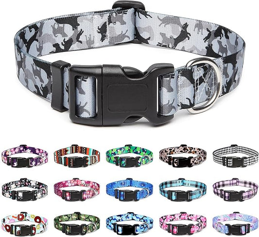 Mercano Adjustable Dog Collar - Special Design Patterns, Soft Nylon Comfortable Sturdy Pet Collar for Small Medium Large Dogs (S, Dog Camouflage Grey)