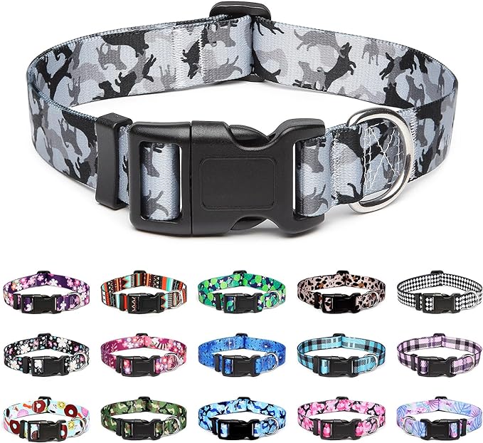 Mercano Adjustable Dog Collar - Special Design Patterns, Soft Nylon Comfortable Sturdy Pet Collar for Small Medium Large Dogs (M, Dog Camouflage Grey)