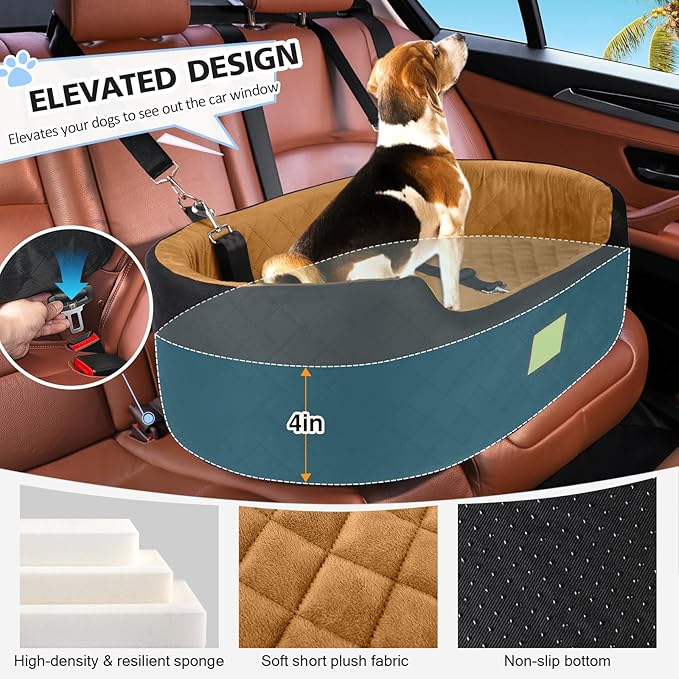 Dog Car Seat for Medium & Large Dogs up to 55 lbs, Elevated Booster Seat with Anti-Slip Base, Detachable & Machine-Washable Pet Car Bed for SUV/Sedan (Black/Brown)
